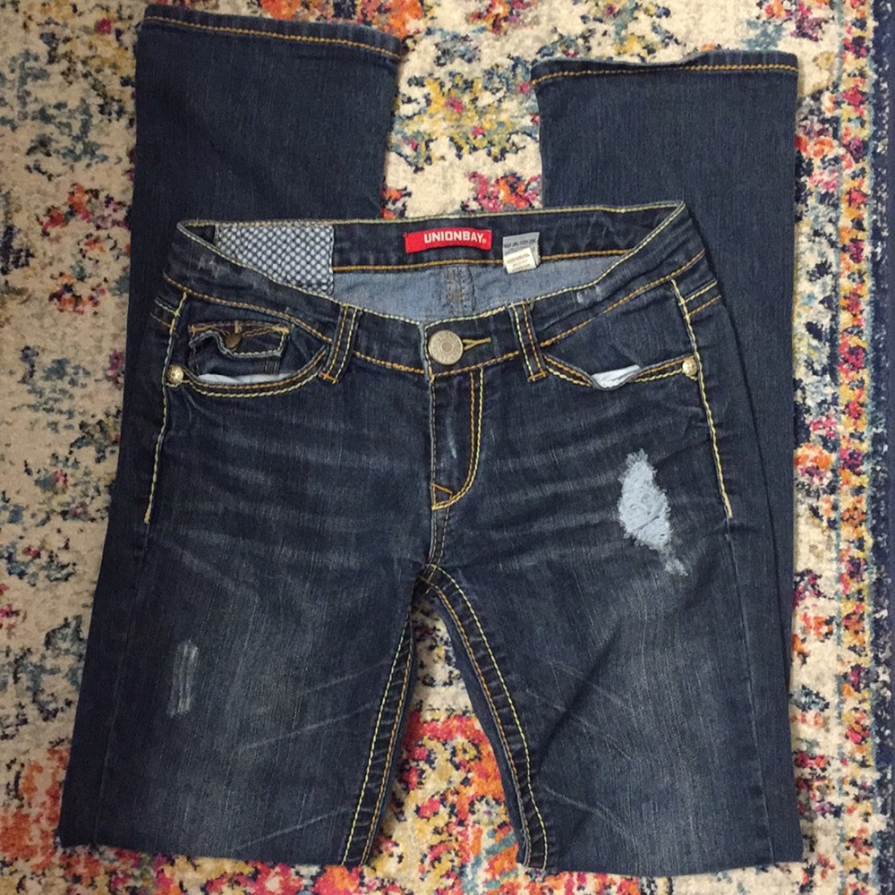 Unionbay Dark Wash Distressed Boot Cut Jeans